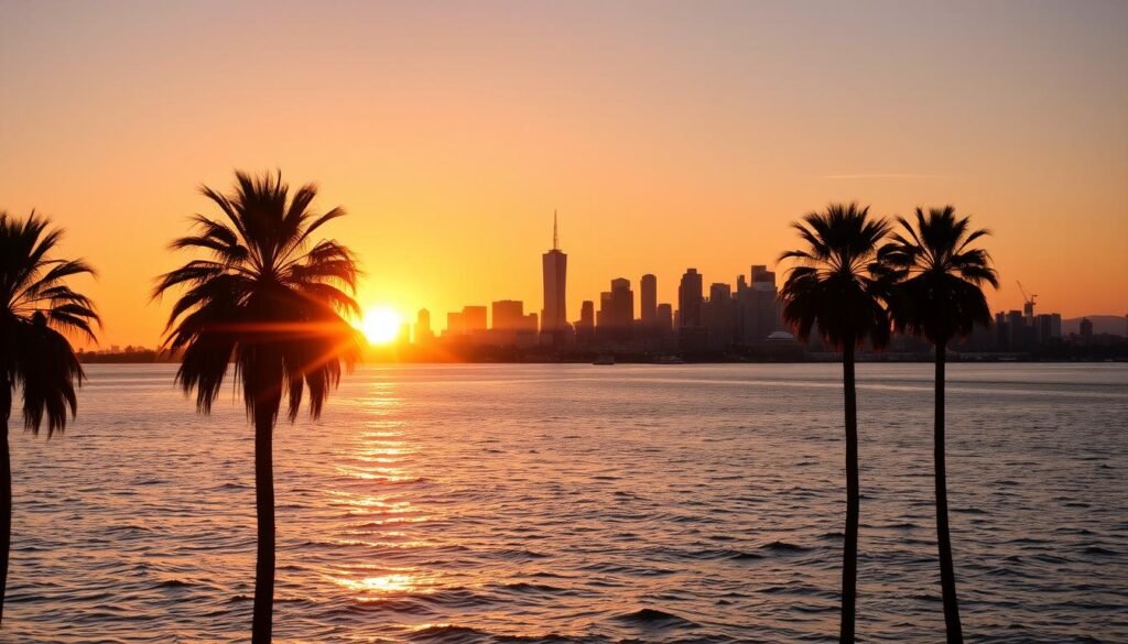 A breathtaking sunset over the iconic skyline of Los Angeles. In the foreground, the golden rays of the setting sun dance across the glistening waters of the Pacific Ocean, creating a mesmerizing reflection. In the middle ground, the majestic silhouettes of palm trees sway gently, framing the cityscape. The towering skyscrapers and historic buildings of downtown LA rise up in the background, bathed in a warm, vibrant glow. The scene is imbued with a sense of tranquility and wonder, capturing the natural beauty and cosmopolitan essence of this vibrant city.