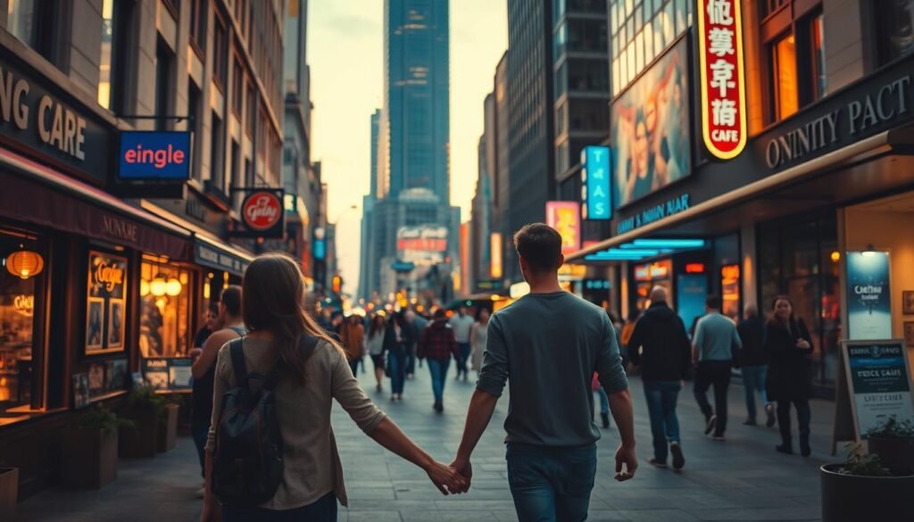 A bustling city street at dusk, with couples strolling hand-in-hand past cozy cafes and neon-lit storefronts. In the foreground, a young pair explore the urban landscape, gazing up at the towering skyscrapers and taking in the lively atmosphere. Soft, warm lighting illuminates their faces as they immerse themselves in the energy of the city, finding enchantment in its vibrant culture and endless possibilities for adventure. A winding sidewalk leads deeper into the scene, inviting the viewer to imagine the discoveries that await on this enchanting first date.