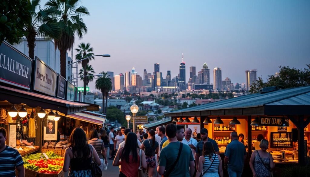 A bustling culinary crawl through the vibrant streets of Los Angeles, showcasing a diverse array of tantalizing eateries and local flavors. In the foreground, a group of friends explore a charming outdoor market, browsing the colorful produce and artisanal delicacies. In the middle ground, a trendy gastropub with its warm, inviting ambiance and a selection of craft cocktails and local wines. In the background, the iconic skyline of Los Angeles, bathed in the golden hues of a setting sun, creating a romantic and atmospheric backdrop for this culinary adventure. Soft, diffused lighting sets the mood, capturing the energy and excitement of this vibrant culinary scene.