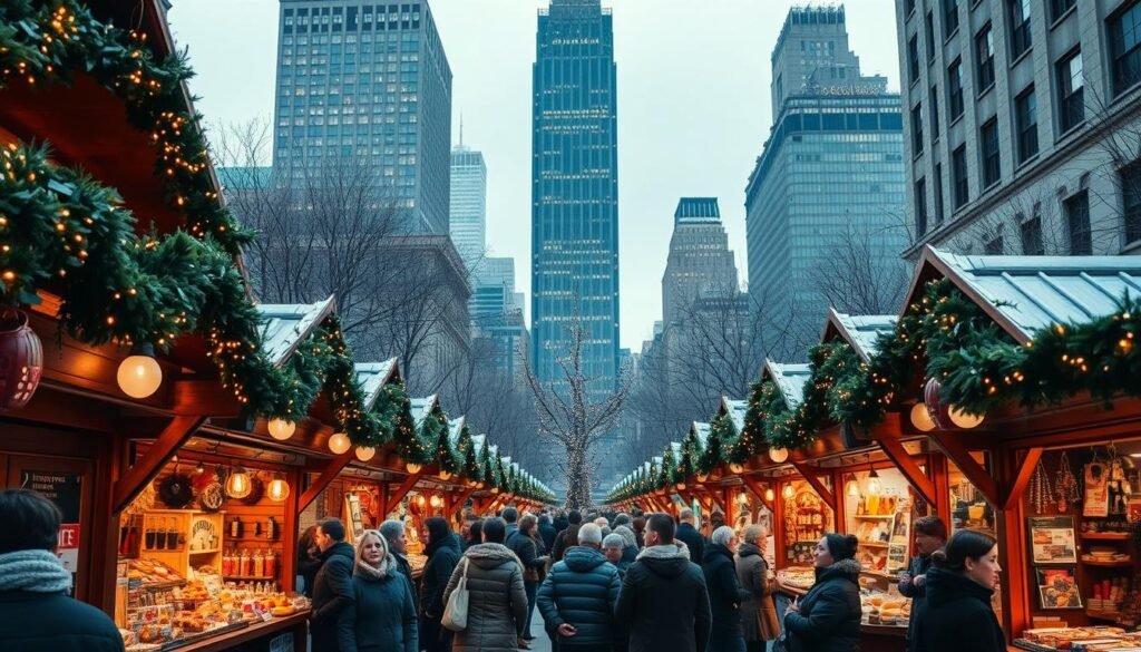 A bustling holiday market in the heart of New York City, with rows of charming wooden stalls adorned with twinkling lights and garlands. In the foreground, vendors offer a tantalizing array of handcrafted gifts, warm beverages, and delectable treats, their stalls brimming with seasonal splendor. The middle ground is filled with a lively crowd of locals and tourists, bundled in cozy coats and scarves, browsing the festive wares. In the background, the iconic skyscrapers of Manhattan rise up, their facades illuminated by the glow of the market's festive atmosphere, creating a magical, winter wonderland scene.