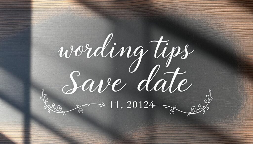 A charming chalkboard-style layout with elegant calligraphic text. Soft, natural lighting illuminates the textured wooden surface, casting gentle shadows. The "wording tips save date" message is written in a flowing, romantic script, accented with delicate floral flourishes. Subtle textures and a slightly aged appearance add a touch of vintage character. The overall aesthetic conveys a sense of artistry, attention to detail, and a personal, handcrafted feel that would be well-suited for a wedding save-the-date announcement.
