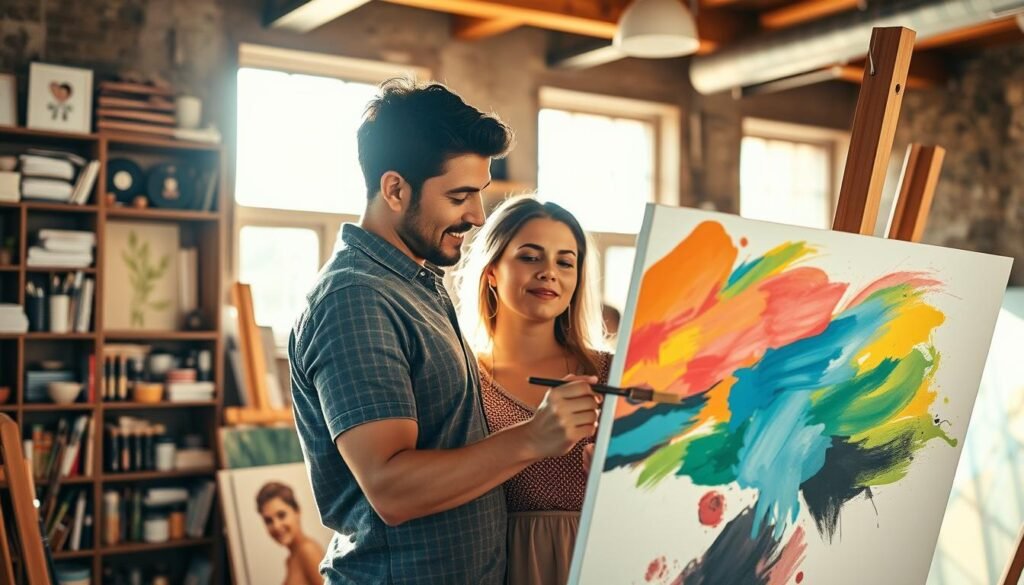 A couple embraces, their faces aglow in the warm lighting of an art studio. Brushstrokes of vibrant color dance across a canvas, capturing their creative connection. In the background, shelves brimming with art supplies and finished artworks suggest a space of inspiration and discovery. Sunlight filters through large windows, casting a soft, romantic hue over the scene. The pair's focused expressions and intertwined fingers convey a sense of deep engagement, as if the act of creating together has ignited a spark between them.