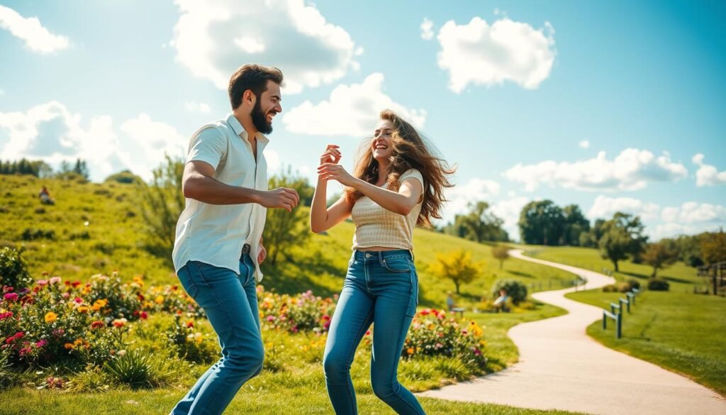 A couple enjoying a playful and lighthearted date in a vibrant, sun-drenched park. In the foreground, they are engaged in a silly, impromptu dance, their movements full of joyous laughter. The middle ground showcases a lush, verdant landscape with colorful flowers and a winding path. In the background, a clear blue sky with fluffy clouds sets a mood of carefree bliss. The lighting is warm and natural, creating a sense of genuine, unscripted happiness. The scene captures the spirit of a "fun date" - spontaneous, carefree, and overflowing with shared delight.