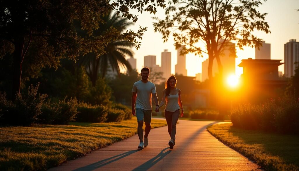 A couple enjoying an active evening together, strolling hand-in-hand through a vibrant city park. The foreground features them silhouetted against a warm sunset, their bodies in motion as they engage in a playful game of frisbee. The middle ground showcases lush greenery, with trees and shrubs casting long shadows across the path. In the background, the skyline is dotted with the twinkling lights of high-rise buildings, creating a sense of energy and urban vitality. The scene is bathed in a soft, golden glow, evoking a romantic and adventurous mood.
