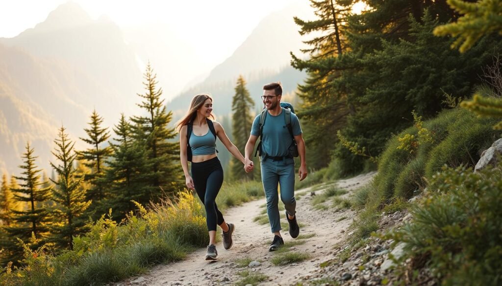A couple hiking hand-in-hand on a scenic mountain trail, surrounded by lush, verdant foliage and towering peaks in the background. Soft, warm sunlight filters through the trees, casting a golden glow on their faces as they navigate the winding path. Their active, athletic figures are highlighted by form-fitting hiking attire, conveying a sense of vitality and adventure. The mood is one of peaceful exploration, with a feeling of tranquility and connection between the pair. The image is captured from a mid-level angle, creating a sense of immersion and allowing the viewer to experience the hike alongside the couple.