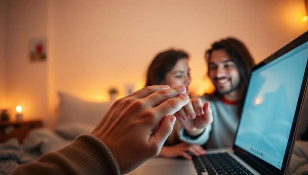 A couple sharing a long-distance video call, their faces lit by the soft glow of a laptop screen. In the foreground, their hands reach out to touch, fingertips almost meeting. In the background, a cozy room with muted tones and a few personal mementos, creating a sense of intimacy despite the physical distance. Warm, golden lighting casts a romantic haze, as if illuminating their connection across the miles. The composition is framed tightly, emphasizing the emotional closeness that transcends the physical separation.