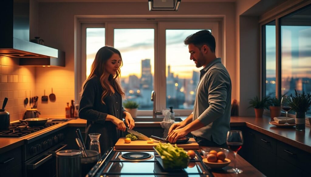A couple standing in a warm, cozy kitchen, preparing a romantic cook-off date night. In the foreground, they stand side by side, chopping vegetables and mixing ingredients, their faces illuminated by the glow of the stove and soft lighting. In the middle ground, countertops are cluttered with cooking utensils, spices, and a glass of red wine. The background features a large window overlooking a city skyline at sunset, creating a magical, intimate atmosphere. The couple's body language and expressions convey a sense of playful competition and collaboration, as they work together to create a delicious meal. The scene is captured with a wide-angle lens, emphasizing the overall ambiance and inviting the viewer to imagine themselves in this romantic culinary adventure.