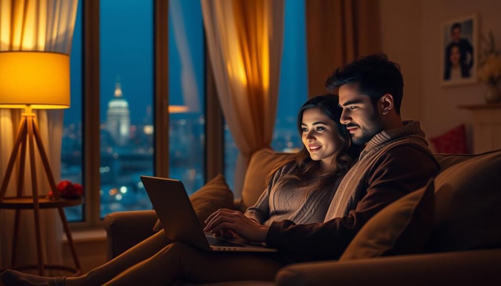 A cozy apartment lit by warm, golden lamps, with a couple sitting together on a plush sofa, video chatting on a laptop. In the background, a large window overlooks a dimly lit city skyline, with twinkling lights in the distance. The couple's faces are illuminated by the screen, their expressions wistful yet hopeful, as they savor this precious moment of connection despite the miles that separate them. Soft, romantic music plays in the background, creating an intimate, bittersweet atmosphere. The scene captures the longing and intimacy of a long-distance Valentine's date, where the couple makes the most of the technology that brings them together.