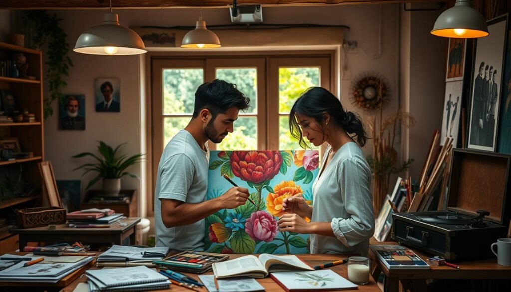 A cozy art studio filled with natural light, couples collaborating on a vibrant painting. Soft, warm lighting from overhead lamps, casting a gentle glow on their focused faces as they mix colors and brush strokes together. In the background, a large window overlooking a lush, verdant garden, adding to the serene, creative atmosphere. Scattered art supplies, sketchbooks, and a vintage record player playing soothing instrumental music set the stage for an immersive, romantic, and enriching creative experience.