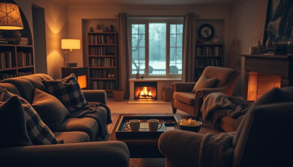 A cozy at-home date night scene, dimly lit with warm lamplight and the glow of a crackling fireplace. In the foreground, a plush sofa and armchair, adorned with plush blankets and throw pillows, inviting you to sink in and get comfortable. On a low wooden coffee table, a tray of hot mugs, a board game, and a bowl of freshly popped popcorn. The middle ground reveals bookshelves lining the walls, their spines casting shadows, and a large window overlooking a snowy winter landscape outside. The background is hazy, with the room's soft ambiance enveloping the space, creating a intimate, relaxed atmosphere perfect for a fun game night with your significant other.