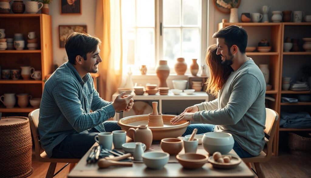A cozy at-home studio setup with a couple seated at a pottery wheel, their hands gently shaping clay while soft lighting filters through the window, casting warm tones on the scene. The middle ground features a tabletop with various pottery tools, paints, and half-finished ceramic pieces. In the background, shelves display an array of handmade mugs, vases, and bowls, hinting at their shared passion for the craft. The overall atmosphere is one of intimate, creative collaboration, with a sense of playfulness and romance. A cozy at-home studio setup with a couple seated at a pottery wheel, their hands gently shaping clay while soft lighting filters through the window, casting warm tones on the scene. The middle ground features a tabletop with various pottery tools, paints, and half-finished ceramic pieces. In the background, shelves display an array of handmade mugs, vases, and bowls, hinting at their shared passion for the craft. The overall atmosphere is one of intimate, creative collaboration, with a sense of playfulness and romance.