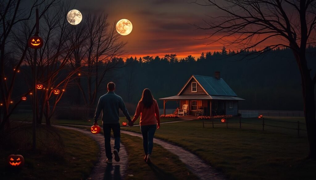 A cozy autumn evening, a double date in a charming countryside setting. In the foreground, two couples stroll hand-in-hand down a winding path, their faces illuminated by the warm glow of jack-o'-lanterns. Overhead, a full moon casts a haunting, ethereal light, while bare trees cast eerie shadows across the scene. In the middle ground, a weathered farmhouse stands, its porch decorated with Halloween trinkets and a rocking chair gently swaying. In the distance, a dense forest looms, its dark silhouette against a dusky, orange-hued sky. The atmosphere is one of seasonal anticipation and spooky delight, as the two pairs enjoy a memorable night together. A cozy autumn evening, a double date in a charming countryside setting. In the foreground, two couples stroll hand-in-hand down a winding path, their faces illuminated by the warm glow of jack-o'-lanterns. Overhead, a full moon casts a haunting, ethereal light, while bare trees cast eerie shadows across the scene. In the middle ground, a weathered farmhouse stands, its porch decorated with Halloween trinkets and a rocking chair gently swaying. In the distance, a dense forest looms, its dark silhouette against a dusky, orange-hued sky. The atmosphere is one of seasonal anticipation and spooky delight, as the two pairs enjoy a memorable night together.