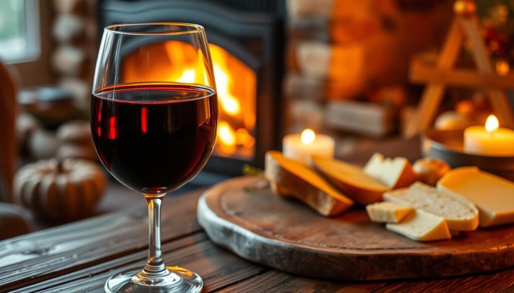 A cozy autumn evening, a glass of rich, ruby-red wine taking center stage on a rustic wooden table. The wine's deep hues dance in the soft, warm light, casting a inviting glow across the scene. In the background, a glimpse of a crackling fireplace, its flickering flames lending a romantic, intimate atmosphere. Nearby, a platter of artisanal cheeses and fresh bread, complementing the wine's robust flavors. The overall mood is one of indulgence, comfort, and togetherness - the perfect setting for an autumnal date night.
