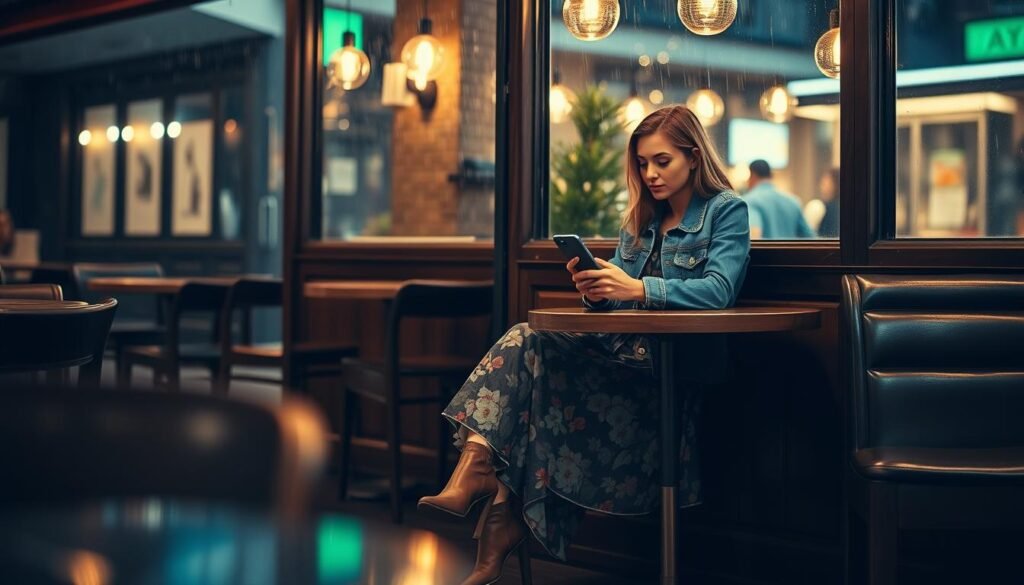 A cozy cafe on a rainy evening, warm lighting casting a soft glow. At a small table by the window, a young woman sits, her face lit by the glow of her phone as she waits for her date. She's wearing a flowing, knee-length floral dress, paired with a denim jacket and ankle boots - a stylish, confident look that feels true to her. The scene evokes a sense of anticipation and possibility, capturing the spirit of a first date filled with excitement and potential.