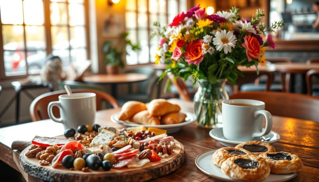A cozy cafe setting with a rustic wooden table, adorned with a vibrant bouquet of fresh flowers and a pair of steaming mugs filled with artisanal coffee or tea. In the foreground, a charcuterie board overflows with a delightful selection of cured meats, artisanal cheeses, and assorted olives, nuts, and dried fruits. The middle ground features a plate of delectable pastries, such as flaky croissants and decadent chocolate-filled danishes. Soft, warm lighting casts a romantic glow, while large windows allow natural light to filter in, creating an inviting atmosphere for an intimate first date.