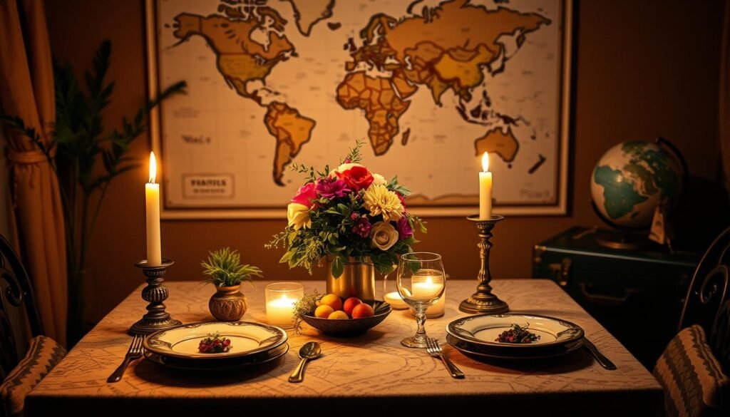 A cozy candlelit table set for two, adorned with a vibrant floral centerpiece, fresh herbs, and a selection of global delicacies. In the background, a world map or travel-inspired wall decor sets the stage for a romantic journey. Soft, warm lighting casts a gentle glow, creating an intimate, sultry atmosphere. Ornate plates, unique flatware, and elegant glassware add a touch of sophistication. Tucked in the corner, a vintage suitcase or globe hints at the couple's shared passion for exploration. The overall scene evokes a sense of wanderlust and a desire to escape to a faraway, enchanting destination, all while enjoying a memorable, travel-inspired dinner date night.