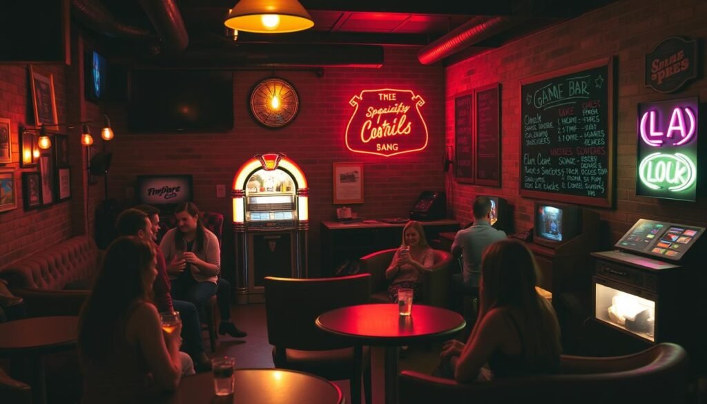 A cozy, dimly lit game bar with a vibrant, retro-inspired atmosphere. In the foreground, a group of friends laughing and playing tabletop games, drinks in hand. The mid-ground features a vintage-style jukebox playing upbeat, energetic music, its neon lights casting a warm glow across the room. In the background, a wall-mounted chalkboard displays a playful menu of specialty cocktails and bar snacks. Scattered throughout are plush armchairs, exposed brick walls, and playful decor elements like neon signs and retro gaming consoles, creating a welcoming and inviting space for a fun, casual date night.