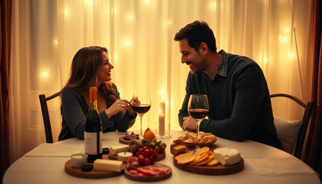 A cozy, intimate table for two set against a softly-lit backdrop. On the table, an artfully arranged spread of gourmet fare - a selection of cheeses, cured meats, fresh bread, and a bottle of fine wine. Soft candlelight flickers, casting a warm glow over the scene. The couple leans in close, engaged in animated conversation, their faces alight with the joy of discovering new flavors and sharing this special culinary experience together. The atmosphere is one of romance, indulgence, and the deep connection that comes from bonding over a shared passion for good food.