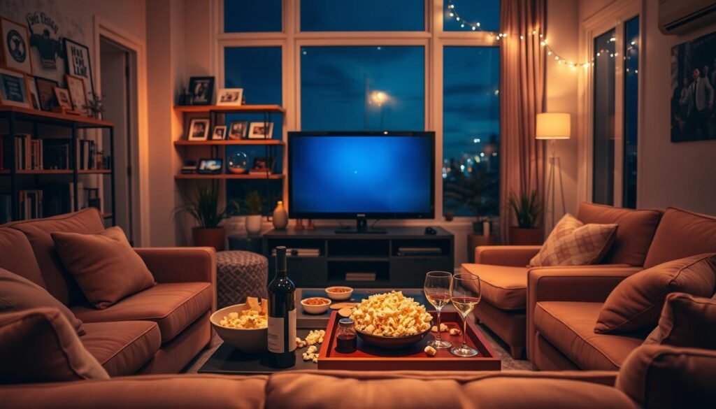 A cozy living room bathed in warm, soft lighting. In the foreground, a plush sofa and armchair face a large flatscreen TV, topped with a bowl of freshly popped popcorn and a tray of assorted snacks. On the coffee table, an open bottle of wine and two glasses, hinting at a relaxed, indulgent atmosphere. In the middle ground, shelves filled with an eclectic mix of movie memorabilia and well-worn books create a sense of personalized charm. The background features large windows overlooking a night sky, with the silhouettes of potted plants and a string of twinkling fairy lights, adding to the inviting, intimate mood. This is the perfect setting for a delightfully spontaneous and hilarious at-home movie night date.