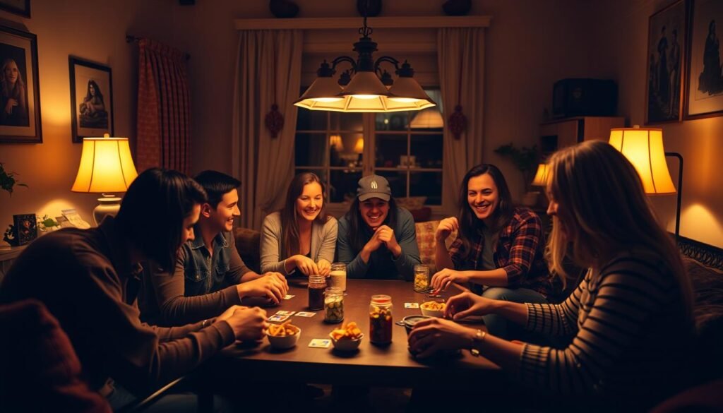A cozy living room setting, dimly lit with warm, golden lamps. A group of friends gathered around a table, engaged in a spirited game of cards or board game. Laughter and friendly competition fill the air, creating an atmosphere of playful camaraderie. Snacks and drinks are within reach, adding to the convivial mood. The camera angle captures the scene from a slightly elevated perspective, showcasing the engaging interactions and the intimate, welcoming ambiance of a memorable game night.