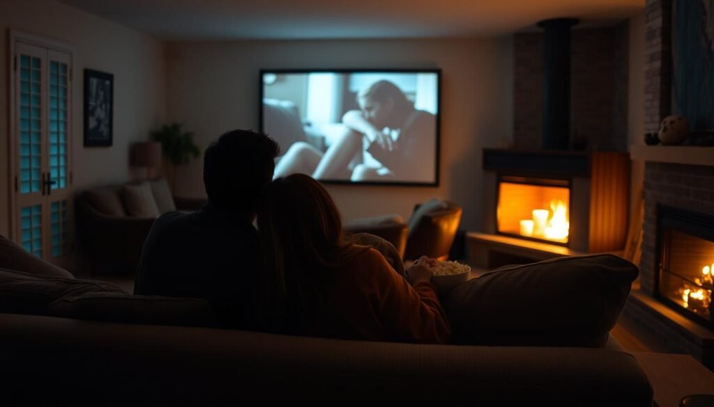 A cozy living room with a large, comfortable sofa and a warm fireplace in the background. On the sofa, two people are snuggled up together, sharing a bowl of popcorn as they intently watch a movie projected on the wall. Soft, ambient lighting creates a romantic, intimate atmosphere, while the colors are muted and soothing. The couple is silhouetted, their faces obscured, allowing the viewer to focus on the sense of connection and the shared experience of watching a film together.