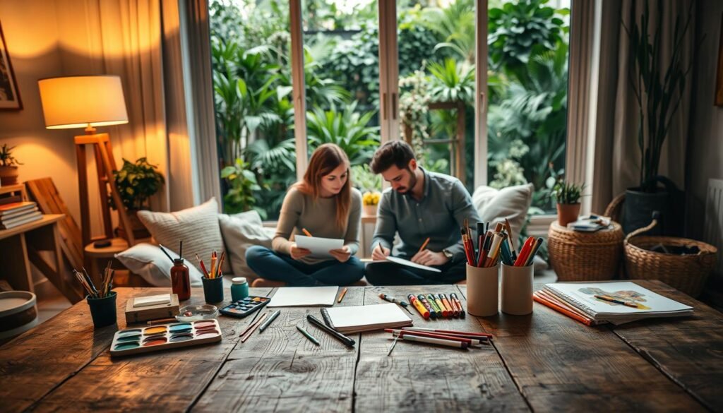 A cozy living room with a rustic wooden table in the foreground, adorned with various art supplies - paints, brushes, sketchpads, and colorful markers. In the middle ground, a couple sits on the floor, engaged in a collaborative art project, their faces full of concentration and creative spark. Warm, soft lighting from a floor lamp casts a gentle glow, and in the background, a large window overlooks a lush, plant-filled indoor garden, blurring the line between indoor and outdoor. The atmosphere radiates an intimate, artisanal ambiance, perfect for a creative date night.