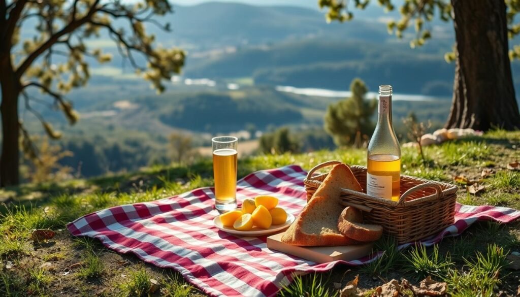 A cozy picnic setup on a grassy hillside, with a checkered blanket, a simple yet delightful spread of treats - fresh fruits, crusty bread, and a bottle of sparkling juice. Soft afternoon sunlight filters through the nearby trees, casting a warm, intimate glow. In the distance, a scenic view of rolling hills or a serene lake. The atmosphere is relaxed, unhurried, and inviting, perfectly capturing the essence of a "cheap date" that still feels thoughtful and special.