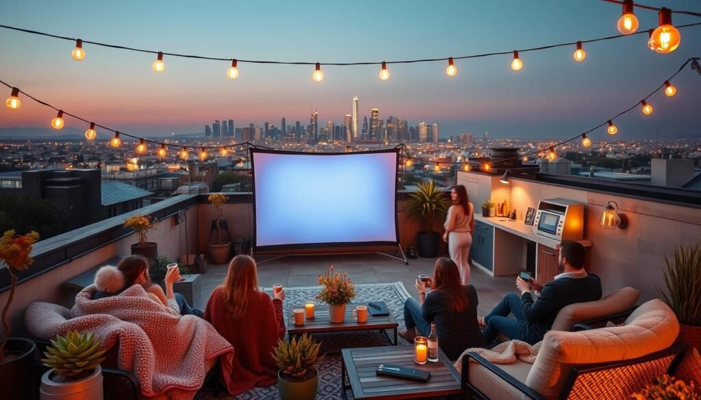 A cozy rooftop in Los Angeles, bathed in the warm glow of string lights and the setting sun. In the foreground, a group of friends gathered around a portable movie screen, snuggled in plush blankets and sipping hot drinks. The middle ground features a mix of potted plants, industrial-chic furniture, and a small bar setup, creating a relaxed, intimate atmosphere. In the background, the iconic skyline of LA stretches out, framed by the edge of the rooftop. The scene conveys a sense of community, coziness, and an appreciation for the simple pleasures of an outdoor movie night, perfect for a memorable first date.