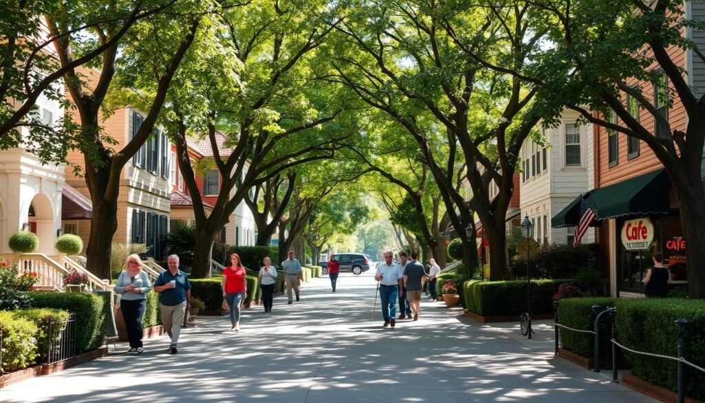 A cozy suburban street, lined with quaint townhouses, their facades adorned with well-tended gardens and neatly trimmed hedges. Residents stroll leisurely, taking in the peaceful ambiance, some carrying coffee cups, others walking their furry companions. Dappled sunlight filters through the canopy of mature trees, casting a warm glow over the scene. In the distance, a small cafe beckons, its inviting storefront promising an intimate gathering spot for a budget-friendly date night. The overall mood is one of tranquility and simplicity, an ideal setting for a relaxed, inexpensive outing.