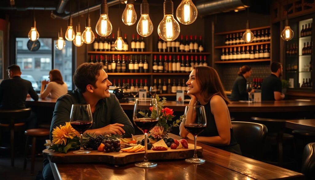 A cozy urban wine bar, dimly lit with warm Edison bulbs overhead. In the foreground, a rustic wooden table set with an artful charcuterie board, glasses of deep red wine, and a bouquet of fresh flowers. At the center, two people - a man and a woman - engaged in animated conversation, their faces lit by the soft glow. In the background, shelves stocked with bottles of premium vintages, a bartender pouring for other patrons. The atmosphere is intimate, inviting, and brimming with the promise of an evening of refined indulgence and connection.