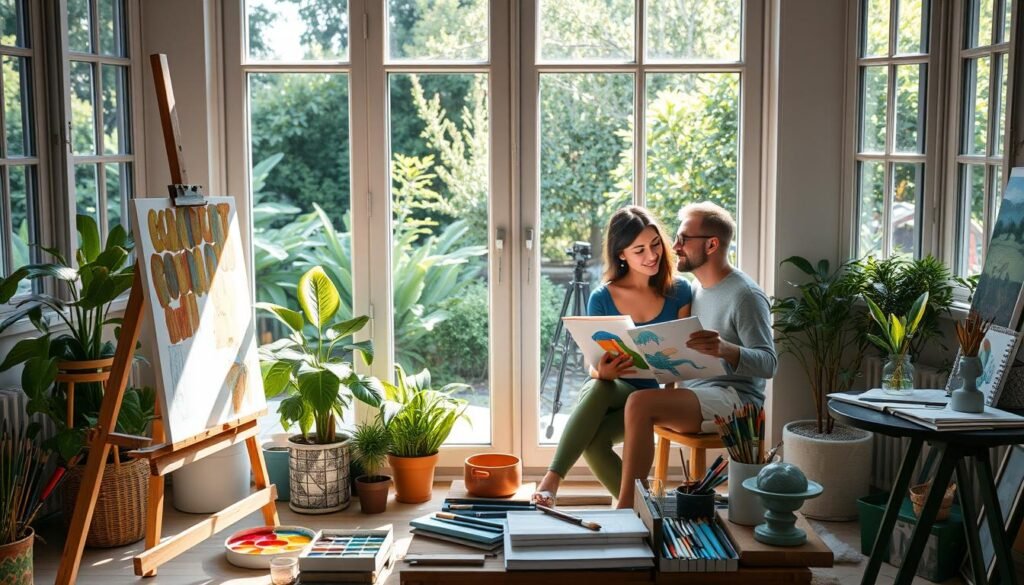 A cozy, well-lit art studio with large windows overlooking a lush, verdant garden. In the foreground, an easel stands with a canvas on it, surrounded by an array of vibrant paints, brushes, and palettes. A couple, dressed casually but stylishly, sits side by side, their faces lit with creative concentration as they work on their respective paintings. The middle ground features a variety of art supplies, including sketchbooks, charcoal pencils, and a small sculpture on a side table. The background showcases the serene garden, with sunlight filtering through the leaves and creating a warm, inviting atmosphere. The overall scene conveys a sense of artistic collaboration, playfulness, and a shared appreciation for the creative process.