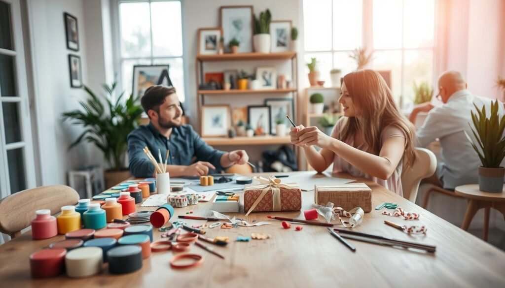 A cozy, well-lit studio setting with natural light streaming through large windows. In the foreground, a wooden table holds an array of craft supplies - colorful paints, brushes, scissors, ribbons, and a half-finished DIY project. On the table, a couple's hands are engaged in a collaborative crafting session, creating a handmade gift or decoration. The middle ground features shelves displaying an assortment of framed artworks, potted plants, and other personal touches that give the space a warm, inviting atmosphere. The background blends soft, romantic hues, suggesting a tranquil, intimate ambiance perfect for a creative date night.