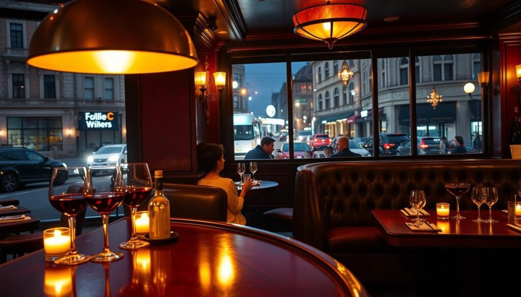 A cozy wine bar nestled in the heart of the city, its intimate atmosphere illuminated by warm, soft lighting. Elegant crystal glassware catches the glow, as couples sip on rich red wine and craft cocktails. Plush leather banquettes line the walls, with a view of the bustling street outside framed by large windows. Candlelit tables invite intimate conversation, while a gleaming wooden bar anchors the space. The aroma of fine cuisine wafts in from the open kitchen, contributing to the overall ambiance of refined indulgence.