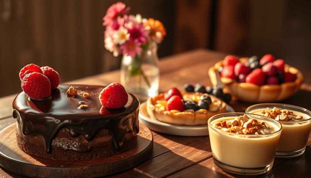 A delectable arrangement of indulgent desserts on a rustic wood table, bathed in warm, golden light and cast in soft, romantic shadows. In the foreground, a rich, decadent chocolate cake with a glistening ganache glaze, garnished with fresh raspberries and a dusting of cocoa powder. Beside it, a delicate fruit tart with a buttery crust, topped with an array of juicy, ripe berries and a drizzle of honey. In the middle ground, a pair of glasses filled with a creamy, chilled custard, sprinkled with crumbled biscuits and a sprinkling of toasted almonds. In the background, a small vase of fragrant, colorful flowers adds a touch of natural beauty to the scene. The overall mood is one of intimate indulgence, perfect for a romantic dessert course.