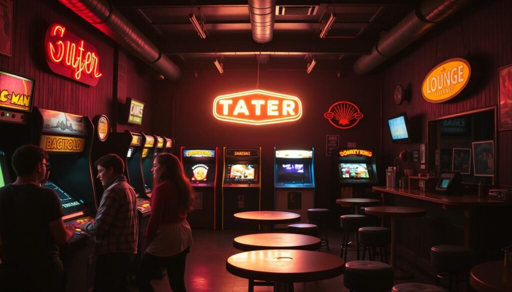 A dimly lit arcade with vintage video game cabinets, their screens casting a warm glow across the room. Neon signs and flashing lights create a lively, retro atmosphere. Foreground features a few young adults engaged in playful competition, their faces illuminated by the colorful displays. In the middle ground, a collection of classic arcade games like Pac-Man, Galaga, and Donkey Kong stand ready for players to test their skills. The background showcases an intimate lounge area with low tables, plush seating, and a well-stocked bar, inviting visitors to relax and socialize between rounds. Soft, diffused lighting and a vintage aesthetic evoke a nostalgic, yet vibrant vibe perfect for a casual, budget-friendly night out.