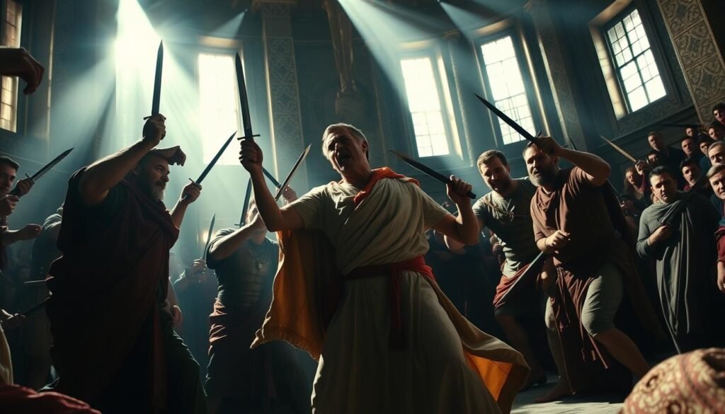 A dramatic scene of the infamous assassination of Julius Caesar on the Ides of March, 44 BC. In the foreground, a group of senators surround the Roman dictator, their faces twisted in grim determination as they strike with daggers. Caesar, his robe flowing, reels back in shock and anguish. Shafts of light from high windows illuminate the tense, shadowy interior of the Senate, creating a sense of foreboding. In the background, onlookers watch in horror as a pivotal moment in history unfolds. Cinematic lighting and a low camera angle heighten the intensity and gravity of this pivotal turning point.
