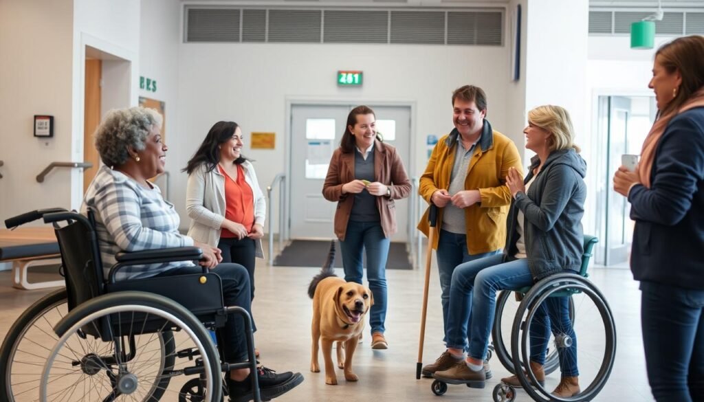 A group of diverse people, representing different abilities, gather in a well-lit, accessible public space. In the foreground, a person in a wheelchair, a person with a cane, and a person with a service dog interact warmly. In the middle ground, a person with a hearing aid and a person with a visual aid engage in animated conversation. In the background, the space is designed with ramps, wide doorways, and clear signage, creating an inclusive and welcoming atmosphere. The lighting is soft and natural, casting a sense of comfort and community. The overall scene conveys a message of accessibility, acceptance, and the joy of shared experiences. A group of diverse people, representing different abilities, gather in a well-lit, accessible public space. In the foreground, a person in a wheelchair, a person with a cane, and a person with a service dog interact warmly. In the middle ground, a person with a hearing aid and a person with a visual aid engage in animated conversation. In the background, the space is designed with ramps, wide doorways, and clear signage, creating an inclusive and welcoming atmosphere. The lighting is soft and natural, casting a sense of comfort and community. The overall scene conveys a message of accessibility, acceptance, and the joy of shared experiences.