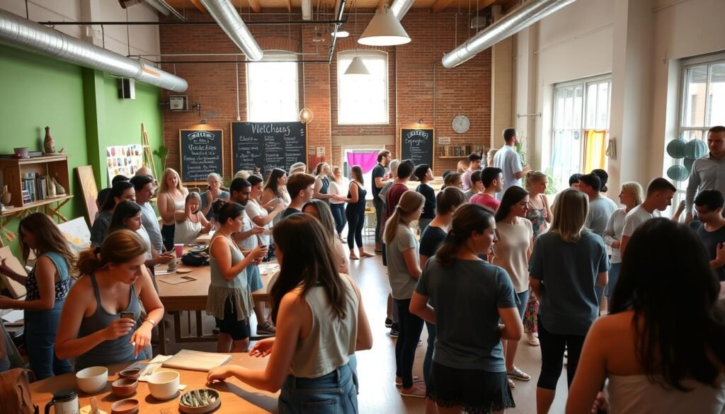 A lively, interactive studio filled with vibrant colors and diverse creative activities. In the foreground, groups of people engaged in a variety of classes - pottery-making, painting, dance, and photography. Soft, warm lighting illuminates their focused expressions as they learn new skills. In the middle ground, a chalkboard menu displays upcoming class offerings, while in the background, high ceilings, exposed brick walls, and large windows create an inviting, loft-like atmosphere. The overall mood is one of inspired creativity, shared learning, and social connection - the perfect setting for a unique and memorable date night experience.