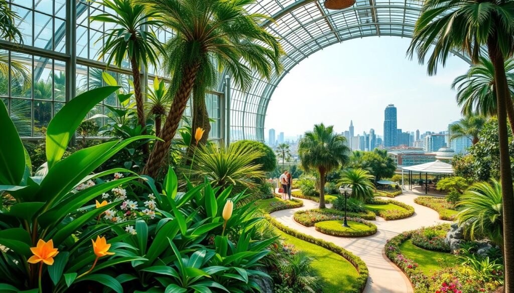 A lush, sun-drenched conservatory nestled within a vibrant urban park. Towering glass walls and intricate metal framing create a serene oasis, bathed in warm, natural light. Verdant tropical plants and blooming flowers fill the foreground, their vibrant colors and lush textures inviting exploration. In the middle ground, winding paths wind through manicured gardens, leading visitors deeper into this verdant refuge. The background features a glimpse of the surrounding city skyline, a harmonious blend of nature and architecture. This tranquil scene evokes a sense of peaceful escape, a perfect setting for a romantic stroll or a moment of respite amidst the bustling city.