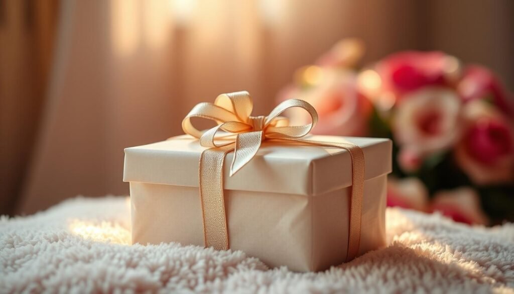 A neatly wrapped gift box, adorned with a shimmering bow, sits atop a soft, plush surface. Warm, natural lighting casts a gentle glow, highlighting the tactile textures of the package. In the background, a hazy, romantic atmosphere sets the stage, with subtle hints of blurred floral elements. The overall scene exudes a sense of anticipation and care, inviting the viewer to imagine the thoughtful surprise within.