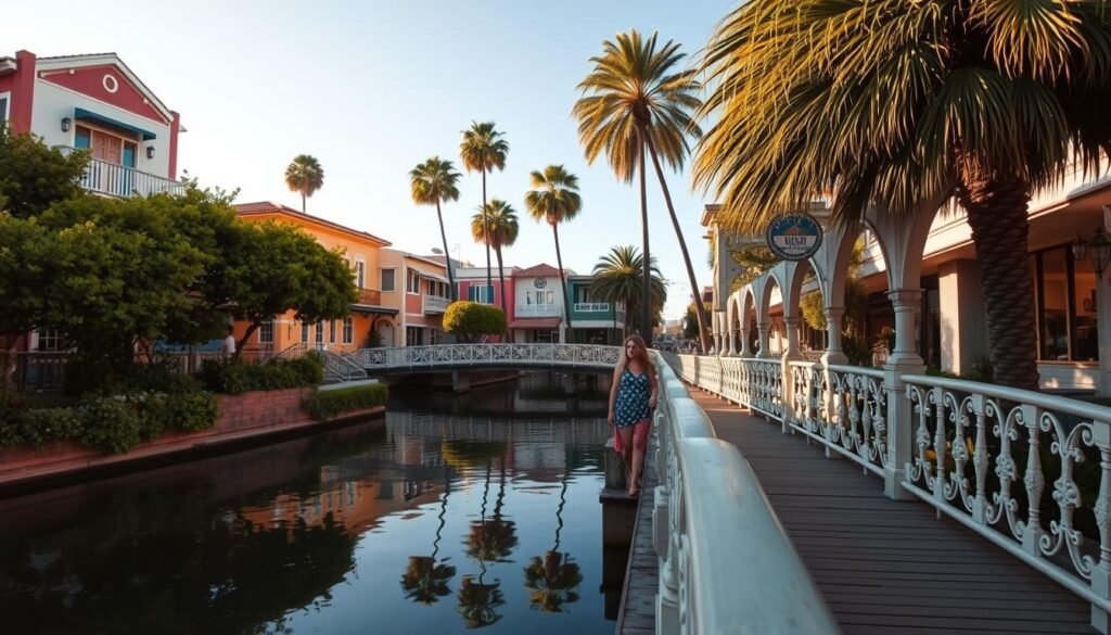 A picturesque scene of the iconic Venice Canals in Los Angeles, bathed in warm afternoon light. In the foreground, a couple strolls hand-in-hand along the charming, arched pedestrian bridges, admiring the colorful, historic buildings reflected in the tranquil waters. The middle ground features lush, verdant foliage lining the canals, creating a serene, romantic atmosphere. In the background, a glimpse of the blue sky and swaying palm trees completes the quintessential California coastal ambiance. Captured through a medium-wide lens, the composition emphasizes the intimate, leisurely pace of the stroll, inviting the viewer to step into the scene and experience the timeless charm of this iconic urban oasis.