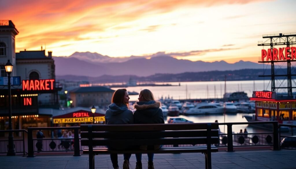 A romantic first date at the iconic Seattle waterfront, with the majestic Olympic Mountains in the background. Vibrant shades of orange and pink paint the sky as the sun sets over the glistening Puget Sound. A couple sits on a wooden bench, gazing out at the bustling harbor, surrounded by the historic architecture of the Pike Place Market. The soft glow of street lamps and the gentle lapping of waves create a cozy, intimate atmosphere, perfect for an unforgettable first date in the Emerald City.