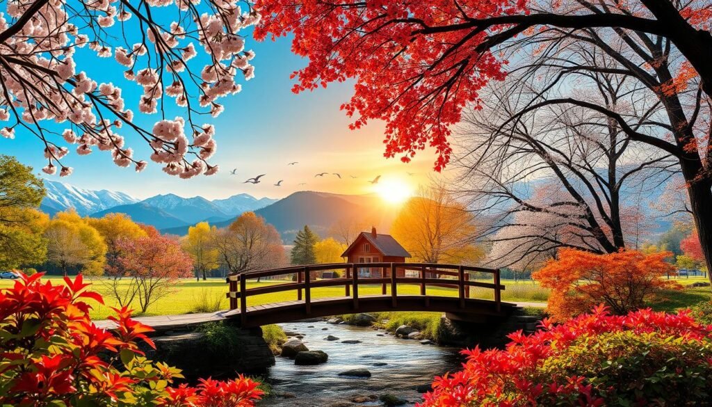 A serene landscape with lush, vibrant foliage in the foreground, capturing the essence of the four seasons. In the center, a wooden bridge arches gracefully over a gently flowing stream, its reflection mirroring the changing hues of the surrounding trees. Delicate cherry blossoms cascade from the branches, their pink petals drifting in the soft breeze. In the distance, a flock of migratory birds soars against a warm, golden sky, signaling the arrival of spring. The middle ground features a picturesque cabin nestled amidst the autumn-kissed foliage, its warm glow inviting visitors to cozy up and enjoy the seasonal splendor. The background blends seamlessly into a winter wonderland, with snow-capped mountains and a starry night sky, creating a sense of timeless, enchanting beauty.