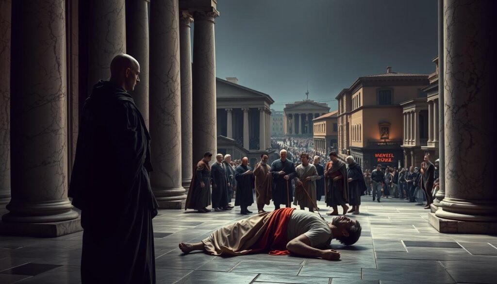A somber, solemn scene of the Ides of March unfolds. In the foreground, a lone figure stands solemnly, draped in a toga, their face obscured in shadow. Behind them, the marble columns of an ancient Roman senate chamber loom, cast in a dim, moody light. The middle ground is dominated by a group of conspirators, their expressions tense and resolute, as they gather around the fallen body of a prominent leader. In the distant background, the bustling streets of Rome are visible, a stark contrast to the weighted gravity of the moment. The overall atmosphere is one of weighted history, a pivotal point where the past and the present collide.