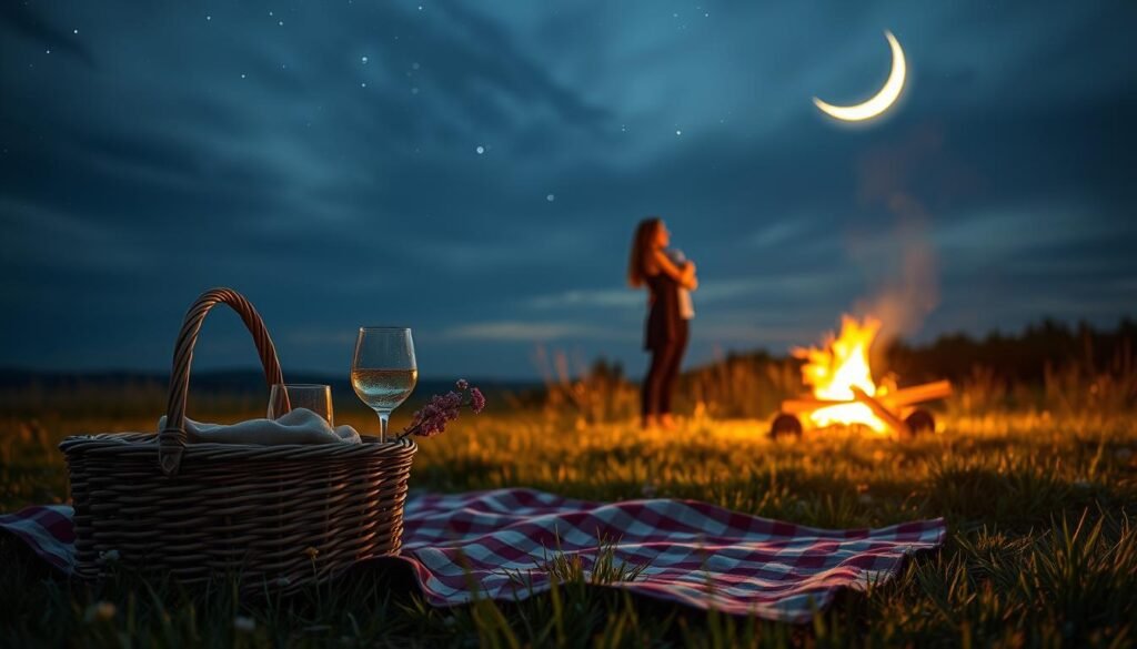 A spontaneous, romantic date night for two under the stars. In the foreground, a cozy picnic blanket on the grass, with a wicker basket, wine glasses, and a scatter of wildflowers. In the middle ground, a pair of figures embracing, their silhouettes lit by the warm glow of a campfire. In the background, a sweeping, starry sky, with wispy clouds and a crescent moon casting a soft, ethereal light across the scene. The atmosphere is one of intimate, spur-of-the-moment bliss, captured in a cinematic, dreamlike style.