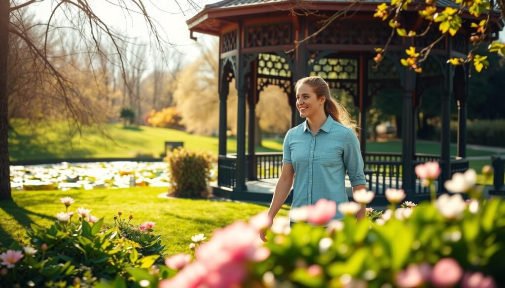 A sun-dappled park on a crisp spring morning, lush greenery and blooming flowers in the foreground. A young couple strolling hand-in-hand, their faces aglow with the warmth of the day, lost in quiet conversation. In the background, a picturesque gazebo with ornate wooden beams, framed by a serene pond dotted with lily pads. The scene radiates a sense of tranquility and intimacy, inviting the viewer to imagine the couple's day date - a peaceful escape from the bustle of everyday life.