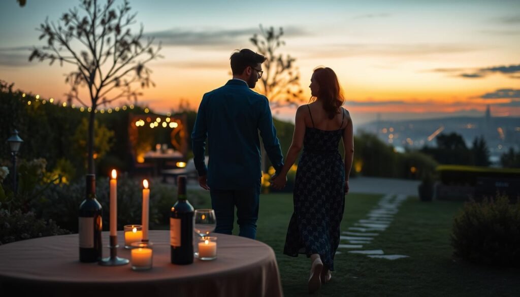 A tranquil evening setting with a couple strolling hand-in-hand, discussing plans for their date night. In the foreground, a tasteful table for two, candles flickering, and a bottle of wine. The middle ground features a lush garden backdrop, with warm ambient lighting and a path leading to a cozy, secluded location. In the distance, a skyline with a stunning sunset, hinting at the perfect timing for a romantic rendezvous. The mood is one of thoughtful planning, attentive care, and a focus on creating a memorable, safe, and mutually enjoyable experience. A tranquil evening setting with a couple strolling hand-in-hand, discussing plans for their date night. In the foreground, a tasteful table for two, candles flickering, and a bottle of wine. The middle ground features a lush garden backdrop, with warm ambient lighting and a path leading to a cozy, secluded location. In the distance, a skyline with a stunning sunset, hinting at the perfect timing for a romantic rendezvous. The mood is one of thoughtful planning, attentive care, and a focus on creating a memorable, safe, and mutually enjoyable experience.