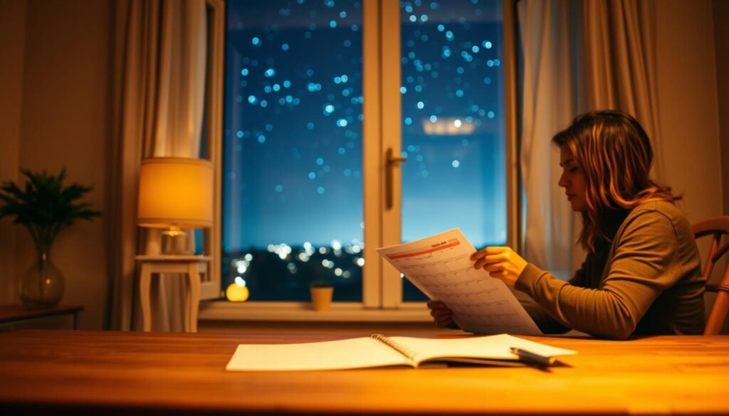 A tranquil scene of day and night planning, captured in a single frame. In the foreground, a couple sit at a wooden table, poring over a calendar, their faces bathed in warm, golden light. In the middle ground, the room is suffused with a soft, ambient glow, hinting at the transition from day to night. The background, however, reveals a picturesque window, framing a serene night sky dotted with twinkling stars, casting a cool, blue-tinged luminescence. The contrast between the two lighting environments symbolizes the delicate balance of day and night dates, as the couple plans their romantic adventures. Captured with a shallow depth of field, the image evokes a sense of intimacy and thoughtful consideration.