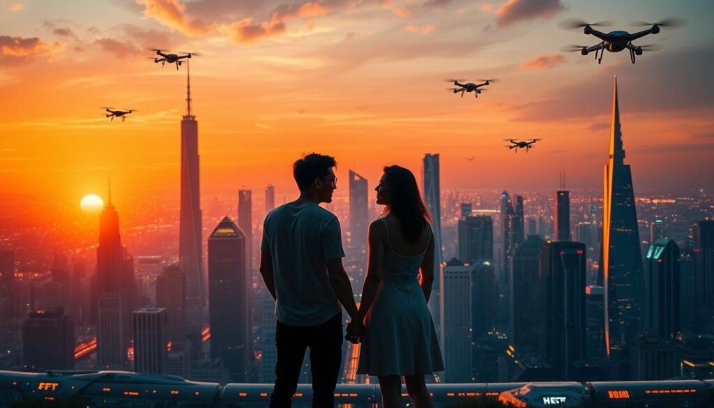 A vast, futuristic cityscape stretches out before a young couple, silhouetted against the glowing skyline. Skyscrapers of gleaming steel and glass pierce the horizon, their lights reflecting off sleek hovercraft and flying cars. In the foreground, the pair stand hand-in-hand, gazing into each other's eyes, their faces illuminated by the warm, amber glow of the setting sun. Streamlined monorails and drones zip through the air, hinting at the technological advancements of this tomorrow. The mood is one of optimism and possibility, as the couple plans for a future together, united in their dreams of what's to come.