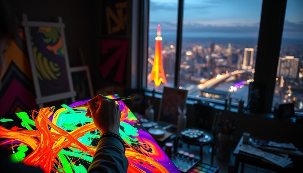 A vibrant neon-lit painting studio in the heart of San Francisco, with a glow-in-the-dark canvas capturing the dynamic energy of the city. In the foreground, a skilled artist's hands deftly apply bold, luminescent strokes, creating a captivating abstract work. Surrounding the artist, the middle ground is filled with an array of paints, brushes, and other creative tools, lending a sense of hands-on artistry. In the background, the iconic San Francisco skyline can be seen through large windows, bathed in the warm glow of the city's nightlife. The scene conveys a sense of immersive creativity, where the act of making art is a shared, interactive experience, perfect for an engaging date night activity.